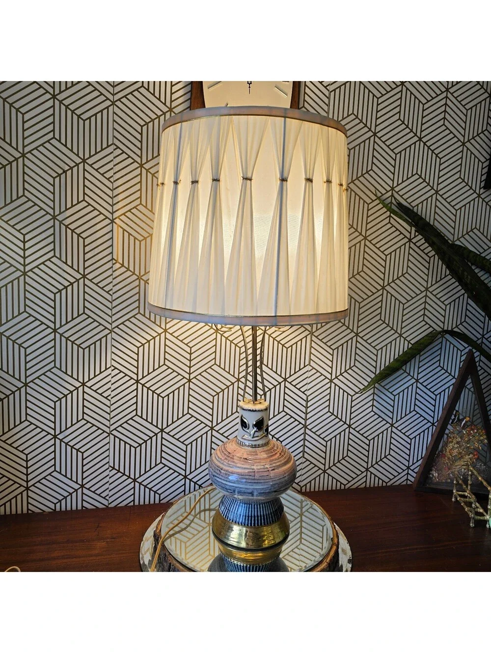 Vintage 1950s Mid Century Ceramic Lamp Pink Black Gold Atomic Wire Cage & Shade
